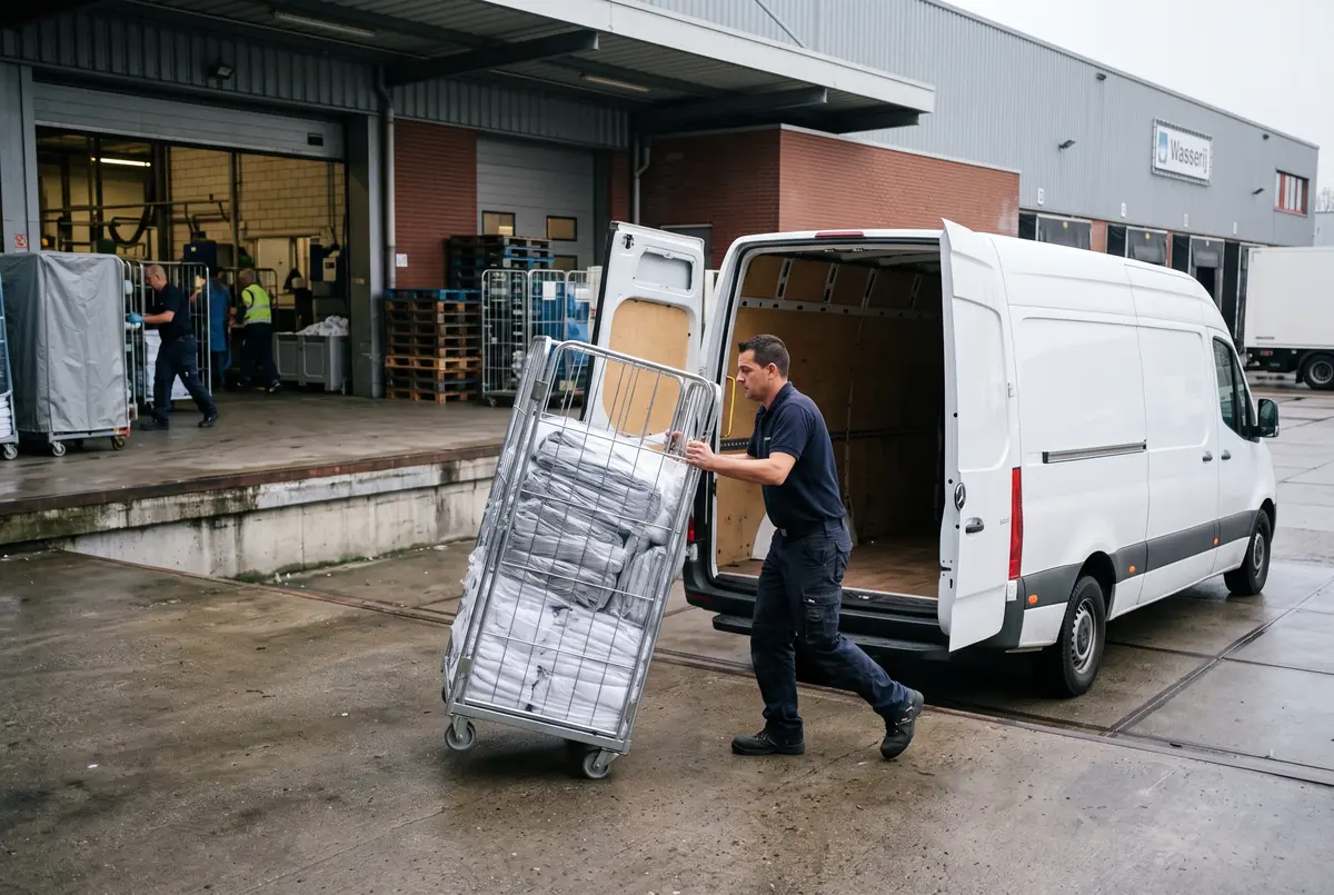 Schoon linnen wordt bij een wasserij in de bezorgbus geladen