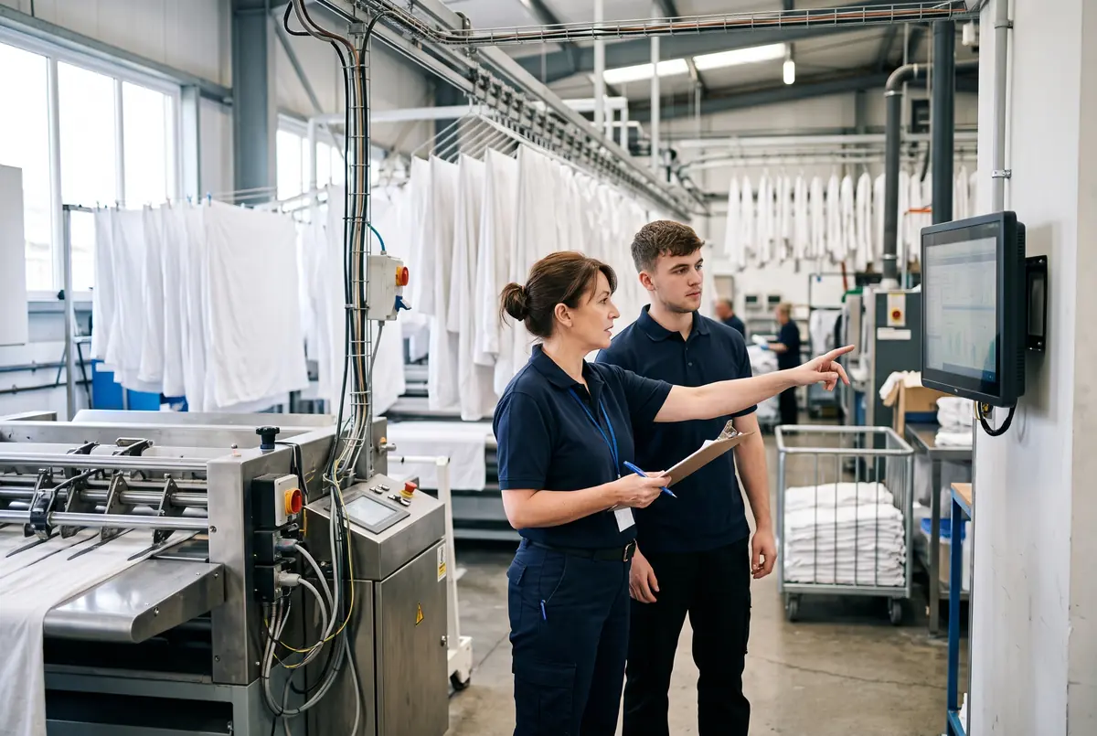 Medewerkers bij een scherm op de werkvloer van een wasserij