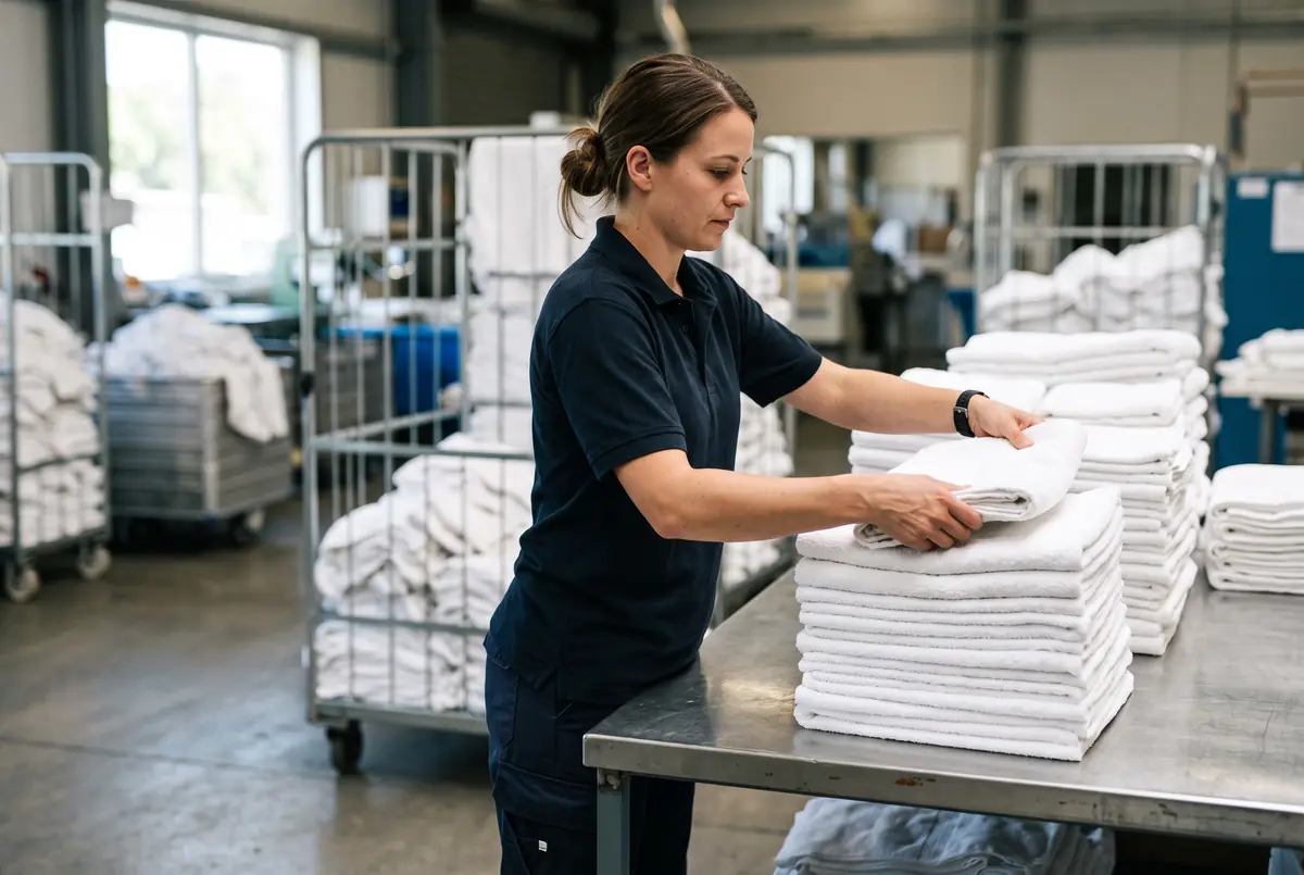 Een medewerker stapelt gestreken linnen in een wasserij